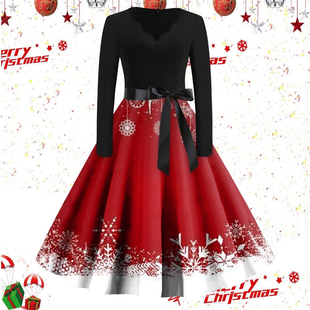 Женские повседневные модные винтажные длинные платья с длинным рукавом с рождественским принтом