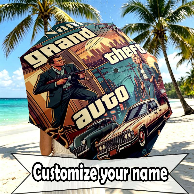 Custom Name Personalized Grand Theft Auto Print Umbrella, Auto Open Close, 8‑Rib Sturdy Frame, Commute Camping Hiking Use, Birthday Gift