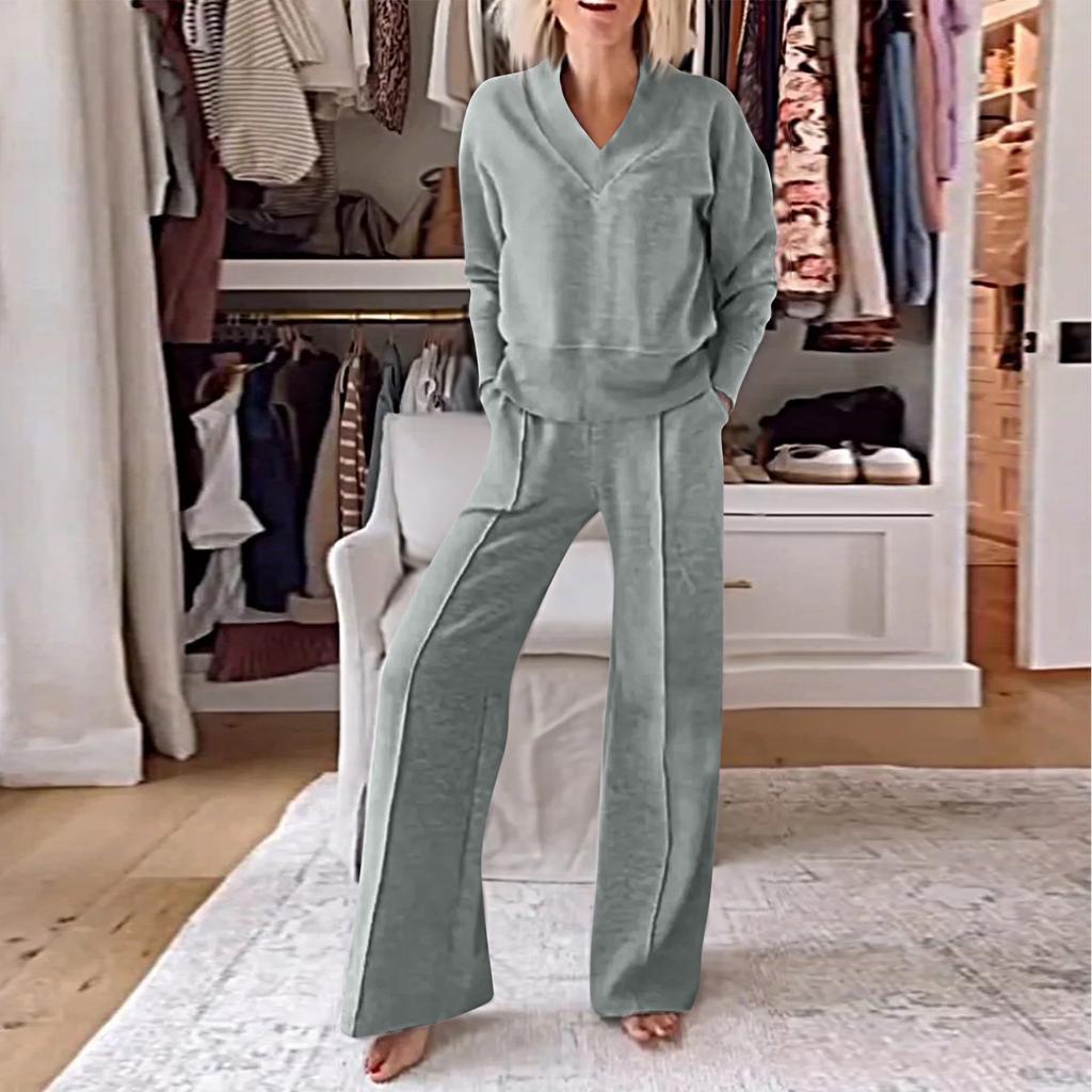 Женский повседневный комплект из двух предметов с V-образным вырезом и длинными рукавами, свободный топ и широкие брюки