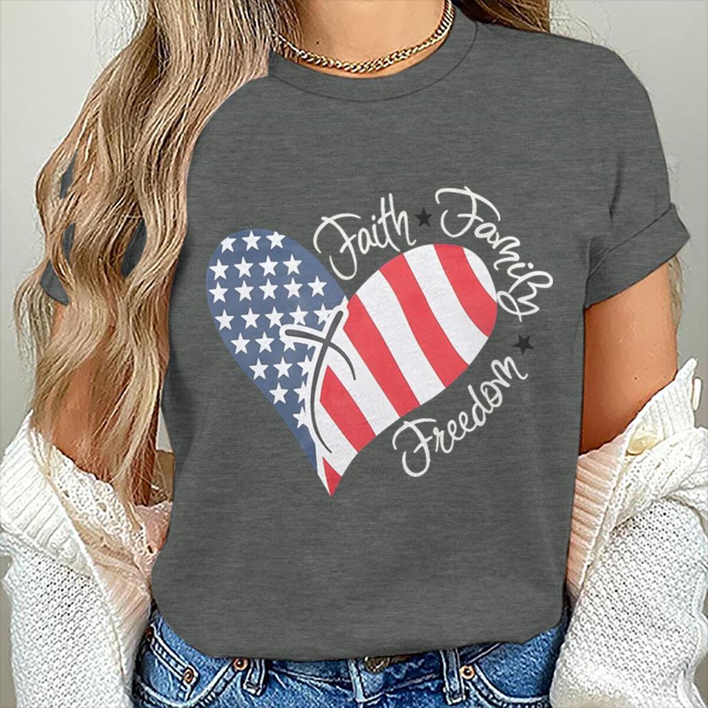 Womens Unisexs Faith Family Freedom T Shirts Fashion Vintage American Flag Heart Graphic Tee Casual Summer Short Sleeve Tops