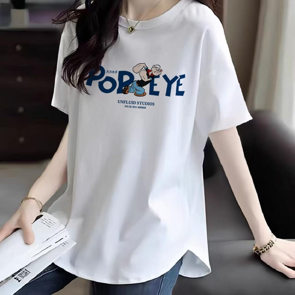 Pure Cotton Front Shoulder Short-sleeved T-shirt for Women's Summer New Korean Style Loose and Fashionable Printed Curved Hem Cover Top