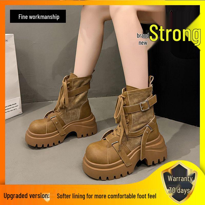 Кожаные джинсовые ботинки-платформы в европейском стиле - Женские новые мотоциклетные полусапожки 2025 года с увеличением роста, маленькие размеры