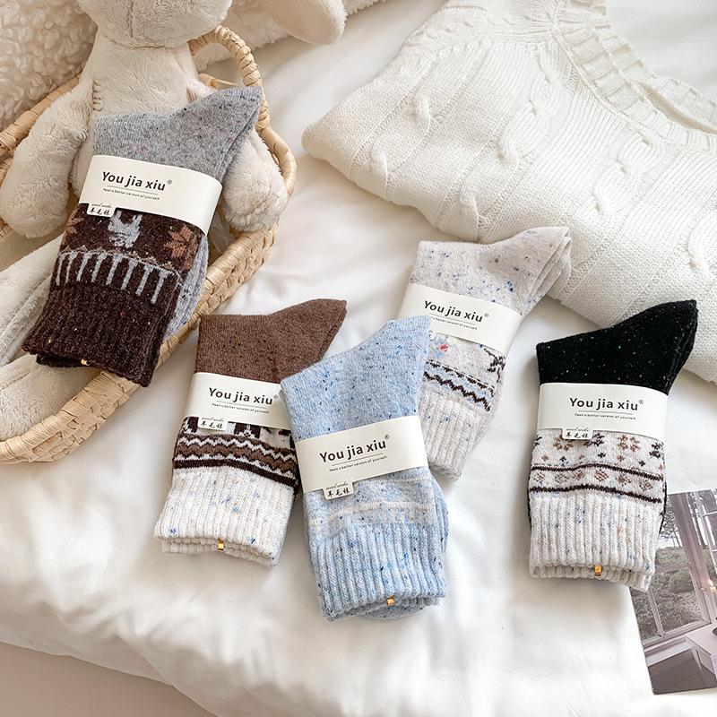 Women's Fair Isle Cashmere Knee-High Socks: Thick, Warm, Heat-Storing, Snowflake & Reindeer Design, Christmas Mid-Calf Woolen Comfort.