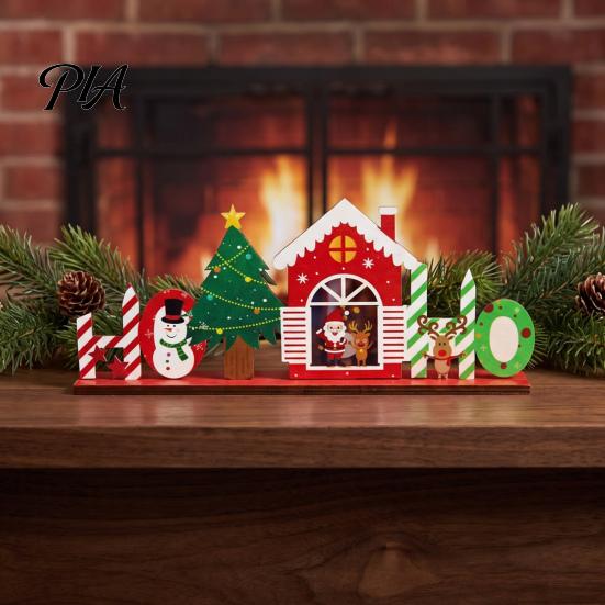 DIY Assembly Xmas Decor Wooden Christmas Ornaments, Tabletop Decoration with Santa Claus Snowman Elk Seasonal Ornaments Designs for Home Holiday Party
