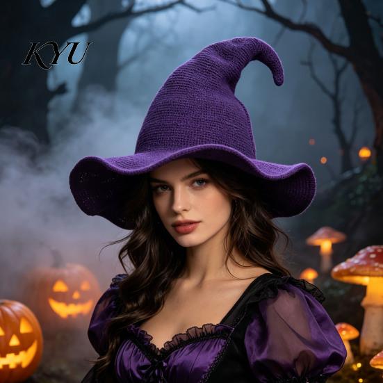 Wide Brim Sun Hat Women Pointed Witch Hat, Foldable Knitted Cap, Halloween Masquerade Party Prop Cosplay for Autumn Winter, Themed Costume Accessory