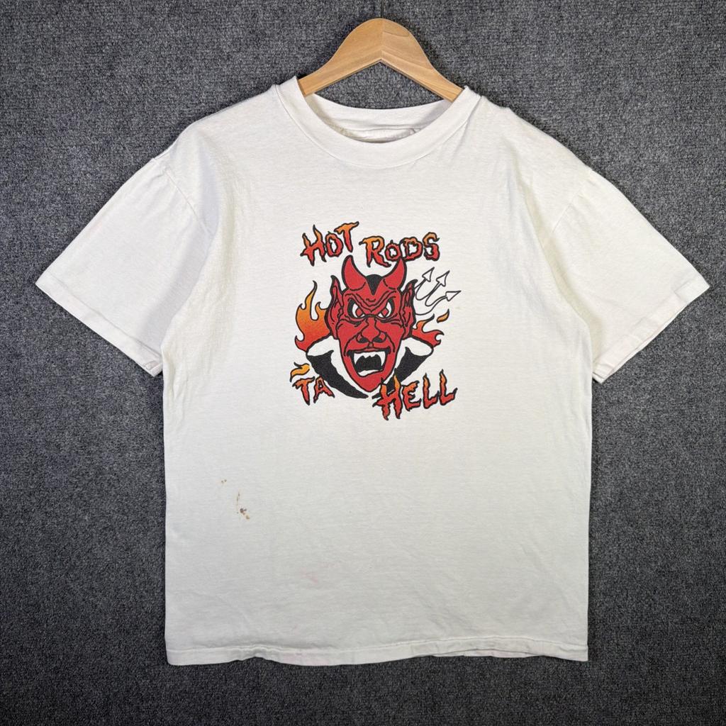 Vintage Skate Shirt Mens Medium White 90s Hot Rods Hell Devil Flames Racing USA