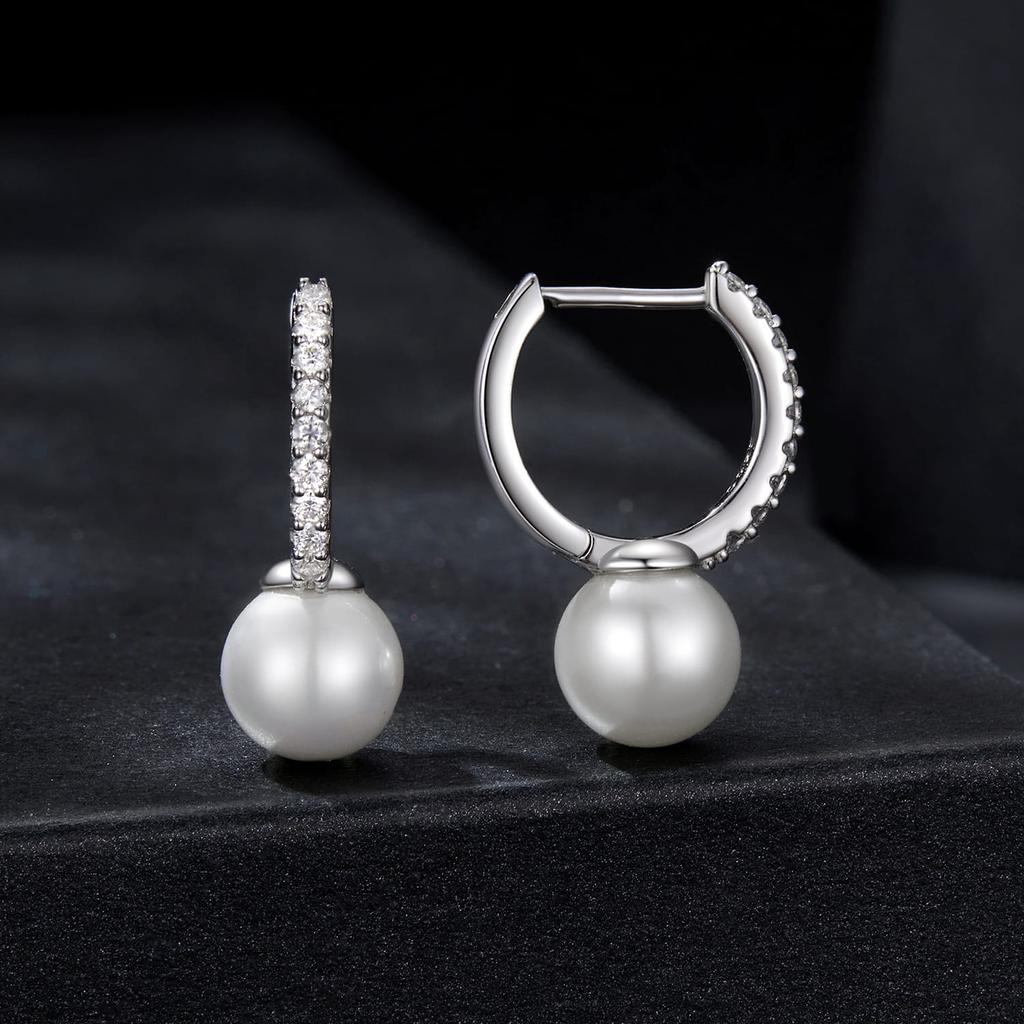 Silver hoop earrings with Moissanity crystals 0.015 ct with pearls, 925 silver clasps