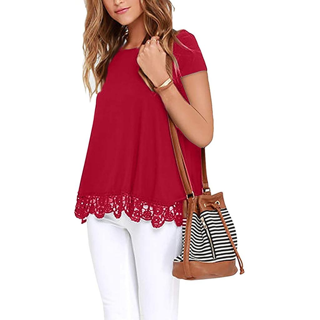 Женские топы с коротким рукавом, кружевной отделкой, О-образным вырезом, туника-блузка А-силуэта, топы для женщин