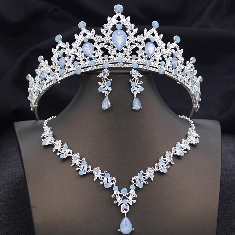 Opal Blue Tiaras Sets Bridal Jewelry Set for Princess Wedding Crown and Necklace Earring Prom Birthday Dress Costume Accessories