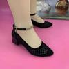 Women Rhinestone Pumps Ladies Elegant Mesh Sandals Breathable Soft Sole Chunky Mid Heel Sandals Loafers