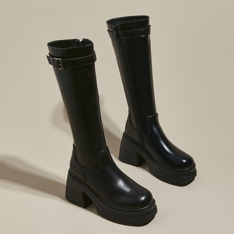 Модные ботфорты AIYUQI Женские 2025 Новые женские ботинки на высоком каблуке 10 см каблук Высокая платформа Модные облегающие сапоги для верховой езды Женские