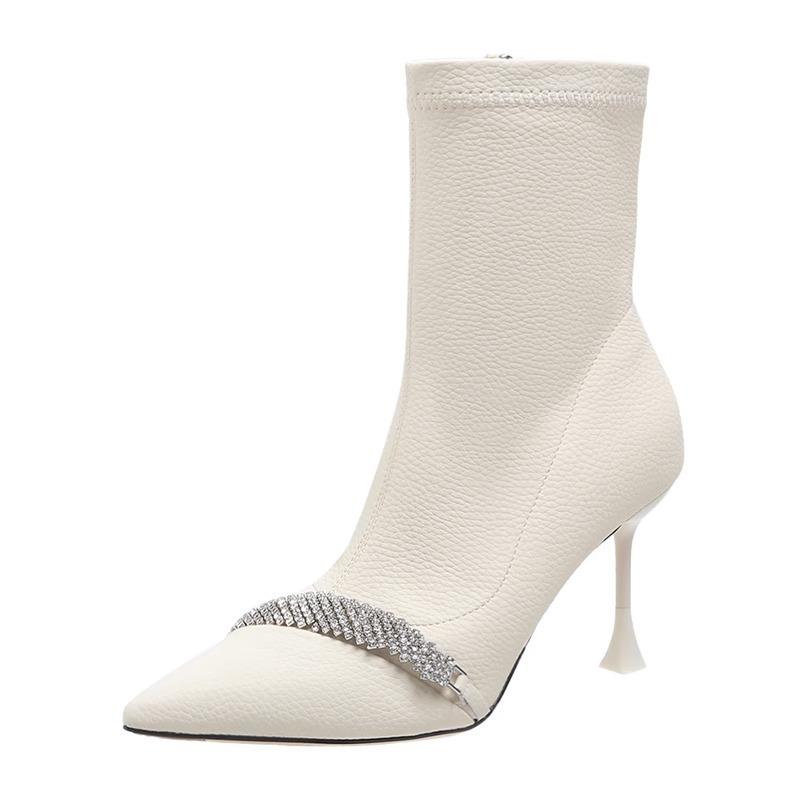 Осенне-зимняя обувь, пикантные тонкие сапоги на высоком каблуке, женские туфли-лодочки на молнии с острым носком и стразами