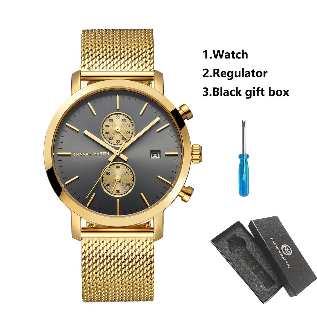 Hannah Martin 109Men Watch Black Stainless Steel Fashion Waterproof Sports Multifunctional Quartz Watch Relogio Masculino