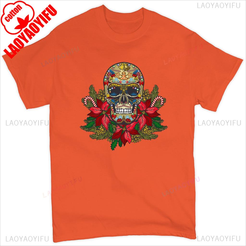 Christmas Calavera Tshirt Sugar Skull Holiday Spirit Mistletoe Mens Tee Retro Breathable Top Skeleton and Flower Pattern Shirt