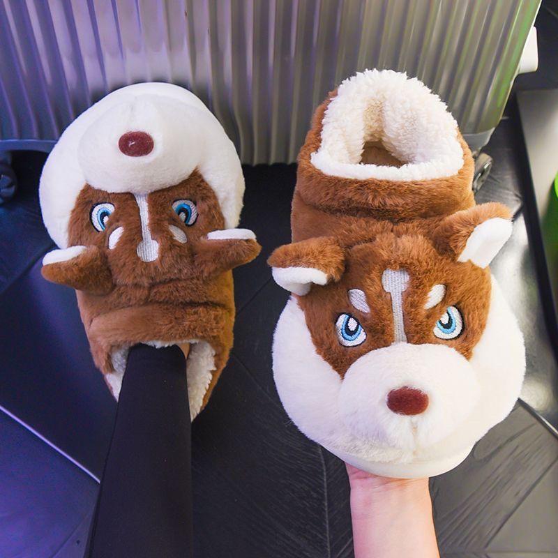 Winter Home Couple Shoes Women's Fluffy Dog Slippers Girl Animal Fur Slides Kawaii Funny Furry Shoes Woman Plush Booties Slipper