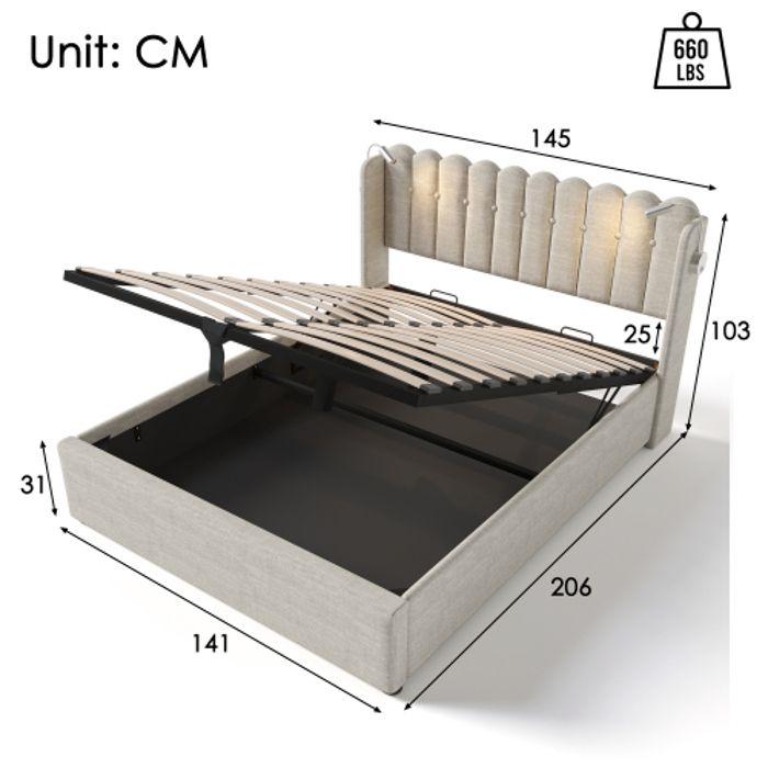 Lit capitonné - MUVOE - 140x200 - Tête de lit avec lampe de lecture - Espace de rangement - Matelas inclus