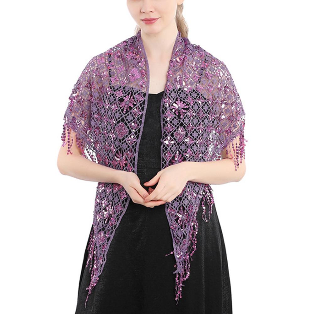 Полая треугольная кружевная шаль с блестками, свадебная женская роскошная вечерняя накидка, женский блестящий блестящий палантин, клубный шарф с кисточкой