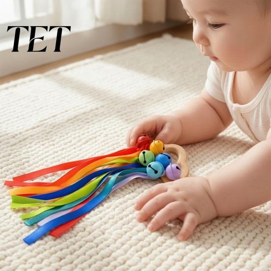 Toddler Motor Skills Wooden Baby Rattle Toy, Cloud Shape Teether Grasping Toy with Colorful Ribbons, Handheld Bell Shaker Sensory for Newborn, Infant