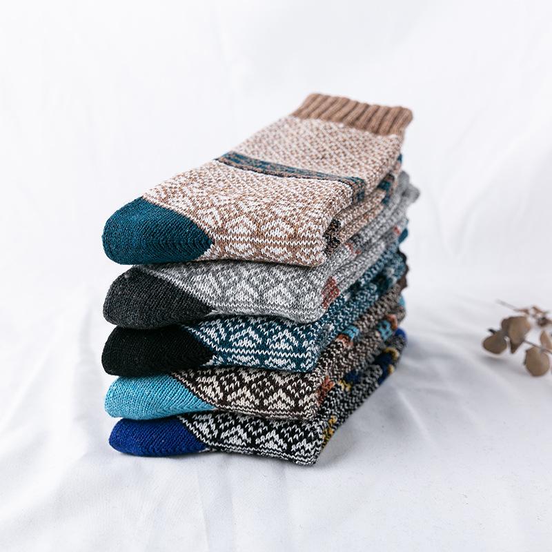 5 Pairs of Men's Winter Extended and Thickened Rabbit Wool Socks with Ethnic Style Thick Thread Mid-calf Socks