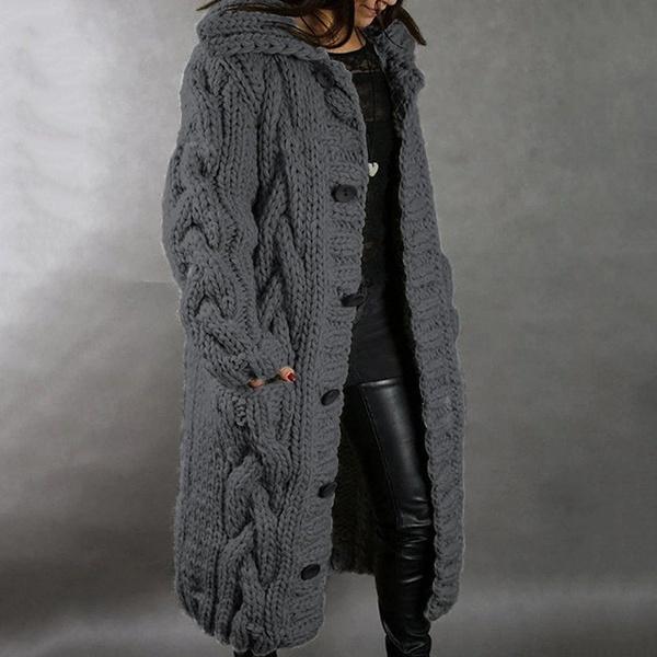 Women's Autumn Winter Long Sleeve Knitted Cardigan Coat Casual Streetwear Hooded Sweater Coat