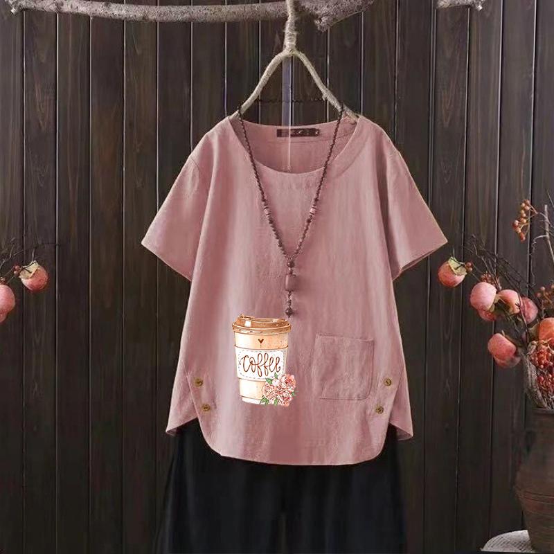 Женский летний хит продаж, стильная повседневная футболка с бесплатным графическим принтом, винтажная льняная рубашка с круглым вырезом, рубашка с короткими рукавами, топ s-4xl