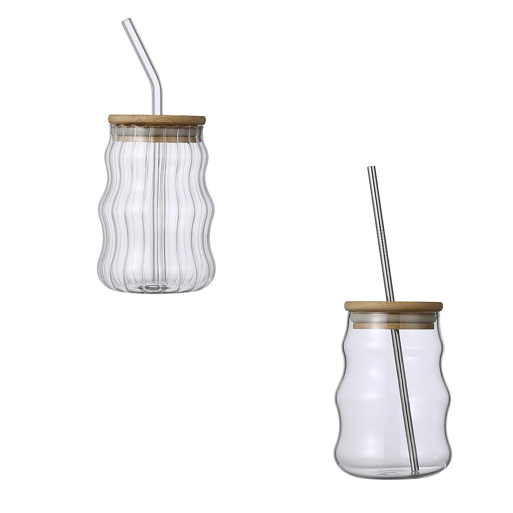 500ml Glass Tumblers Cups With Straw Mason Jar Clear Juice Coffee Milk Cup With Bamboo Lids Drinkware Stripe Beer Mug