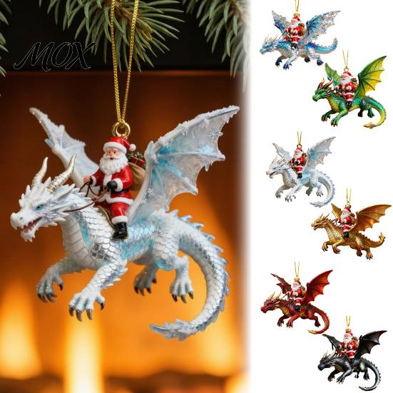 Unique Holiday Tree Pendants 2Pcs Santa Dragon Rider Christmas Ornament, 2D Acrylic Flying Fantasy Style Decor Claus Hanging Decor, Festive