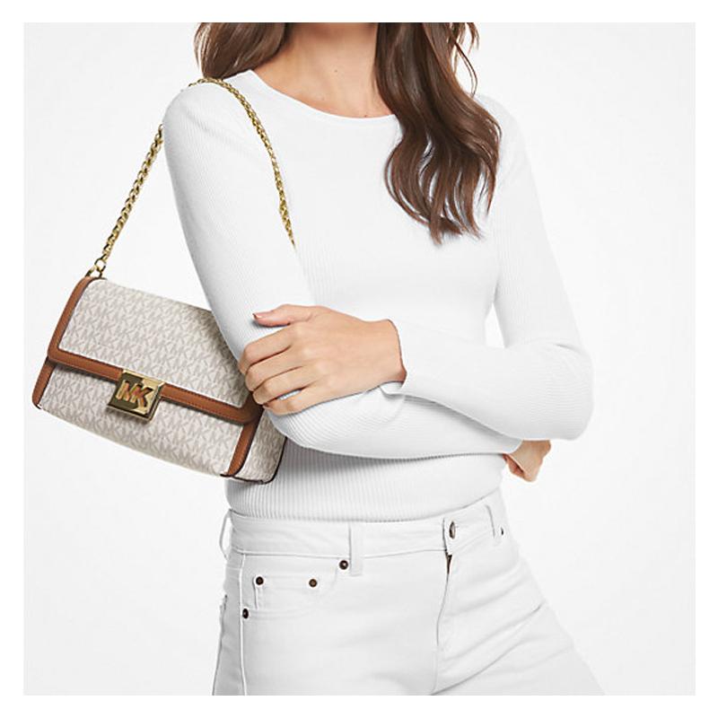 Michael Kors Соня Цепочка для пресбиопии Флип Искусственная кожа Маленькая квадратная сумка Ручная сумка через плечо Сумка через плечо Средняя Женская Ванильно-белый и Желудовый коричневый