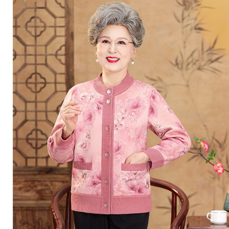Autumn and Winter Knitted Sweater Women's Old Lady Coat Medium Old New Mother Grandma Pack Fleece Thickened Cardigan Sweater