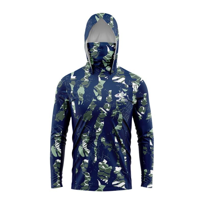 Mens Camo Hooded Fishing Shirt Breathable Quick Dry Outdoor Sun Protection