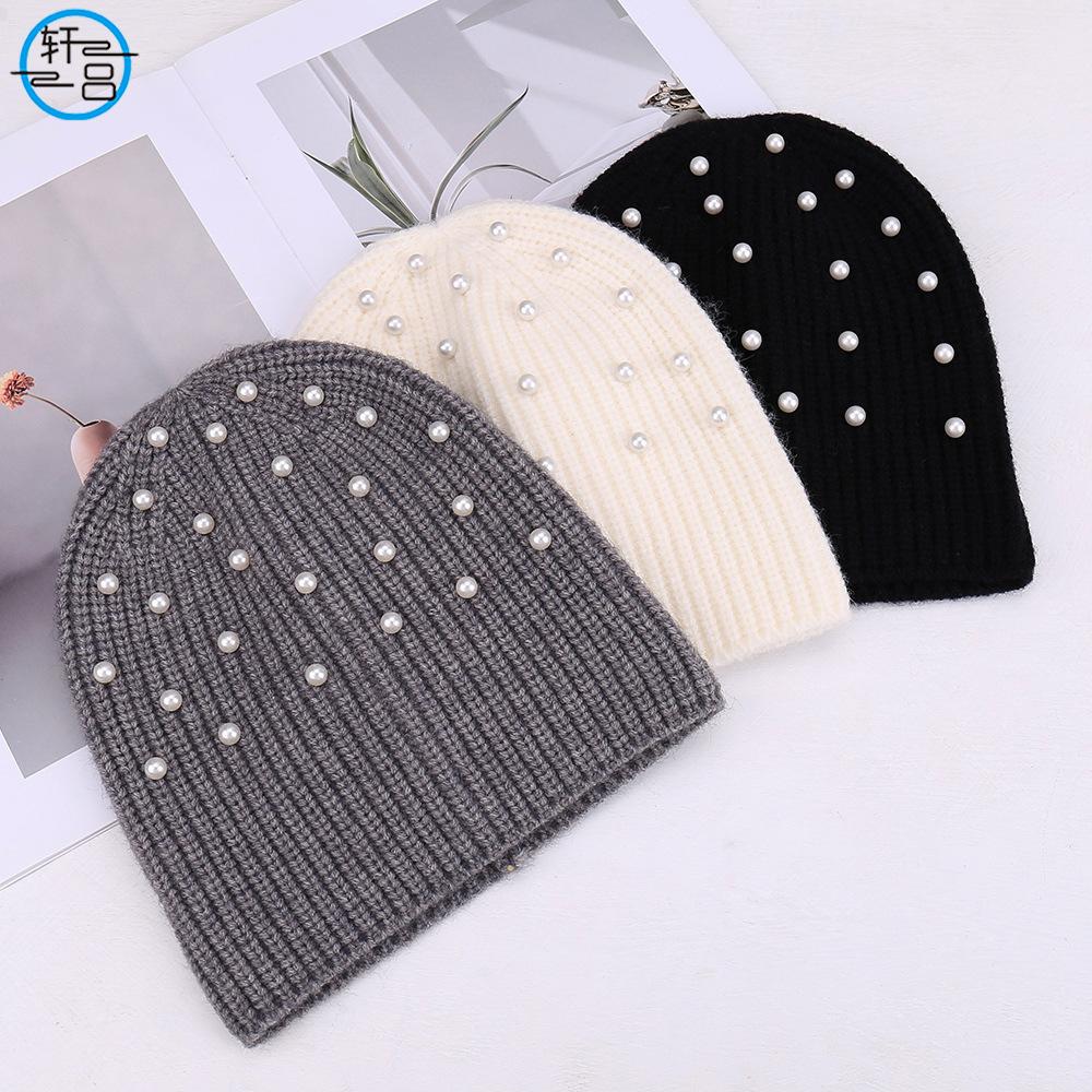 New fashionable solid color simple pearl decoration warm knitted hat outdoor travel casual versatile comfortable wool hat