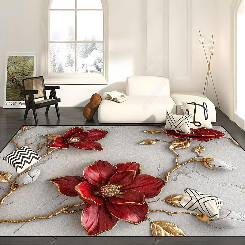 European Rose Floral Carpets Living Room Gorgeous Decoration Sofa Table Area for Rugs Home Bedroom Non-slip Floor Mat Washable