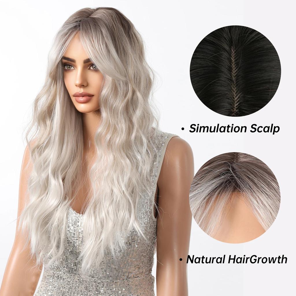 Стиль Постепенное изменение Платиновая челка из восьми символов Подстриженное лицо Длинные вьющиеся волосы Натуральный ленивый модный парик Полная прическа