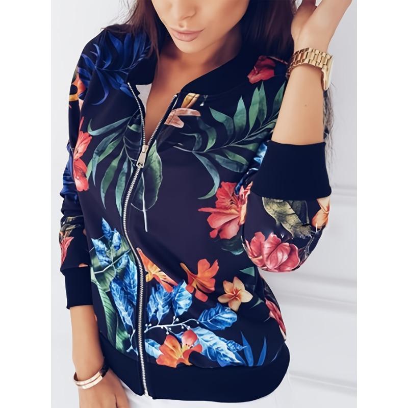 Куртка на молнии с цветочным принтом, куртка с длинными рукавами и круглым вырезом, повседневная верхняя одежда для осени и зимы, женская одежда