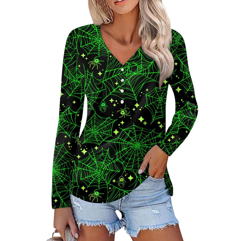 Женская повседневная мода, сексуальный комфорт, Хэллоуин с принтом и v-образным вырезом, пуговицы, длинный рукав