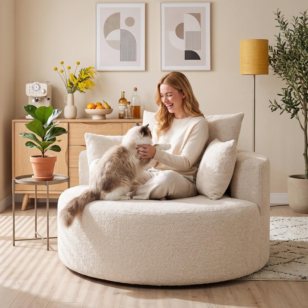 Round Chenille Sofa Pouf Large Seat 2 Cushions 1 Backrest 1 Bolster 250kg Load Capacity 130x130x82cm Cream