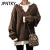 JPNTKY Women's Fashion Casual Solid Color Print Autumn Winter Long Sleeve V-Neck Loose Sweaterst
