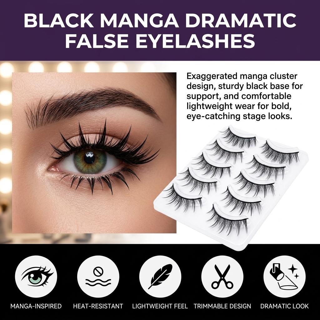 Black Manga Style False Eyelashes for Female Idol-Stage Makeup with Natural C Curl Design