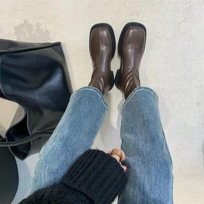 Женские короткие туфли, водонепроницаемые ботильоны, элегантные на низком каблуке, женские ботильоны коричневого цвета из искусственной кожи, высокое качество, зимняя обувь 2024 года