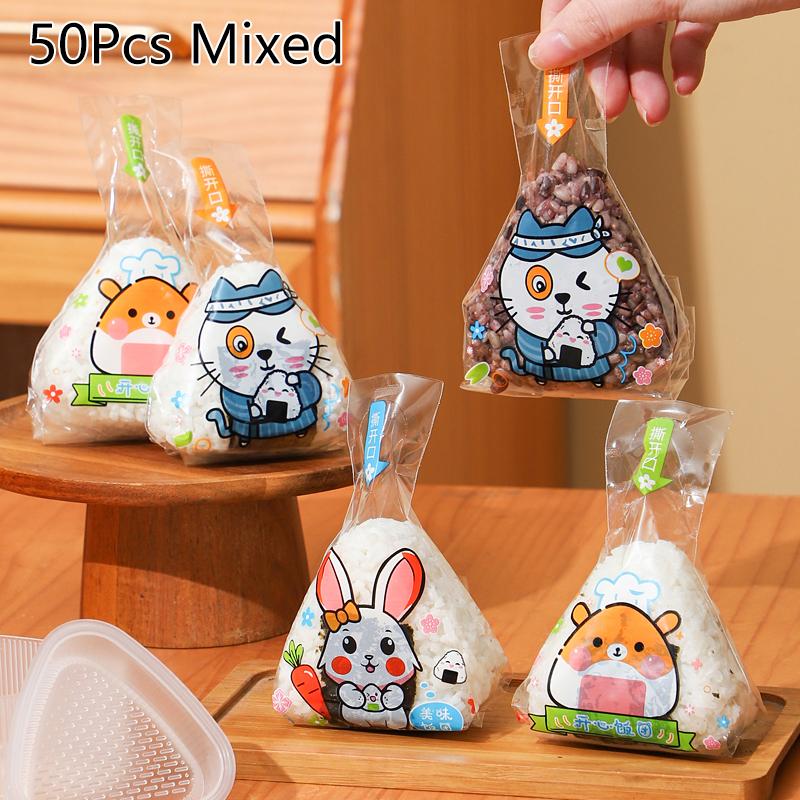 50 шт. Треугольный пакет для упаковки роллов для суши с рисом и овощами, мультяшный узор, пакет для суши, пищевая сумка для разогрева в микроволновой печи