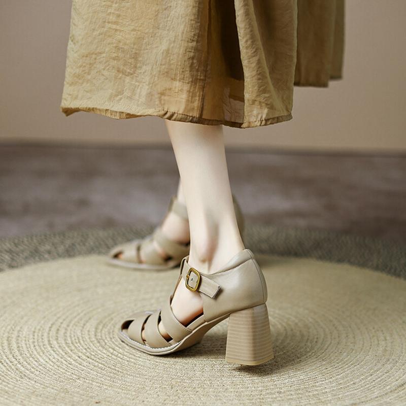 Summer Shoes Women Square Toe Cover Heel Shoes Gladiator Modern Sandals Split Leather Chunky Heel High Heels Roman Sandals