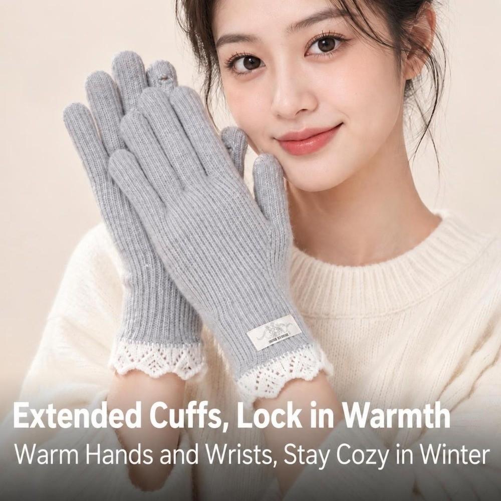 Lace Cuff Open Tip Touch Screen Gloves Warm Winter Long Knitted Gloves Wool Blend Gloves For Women