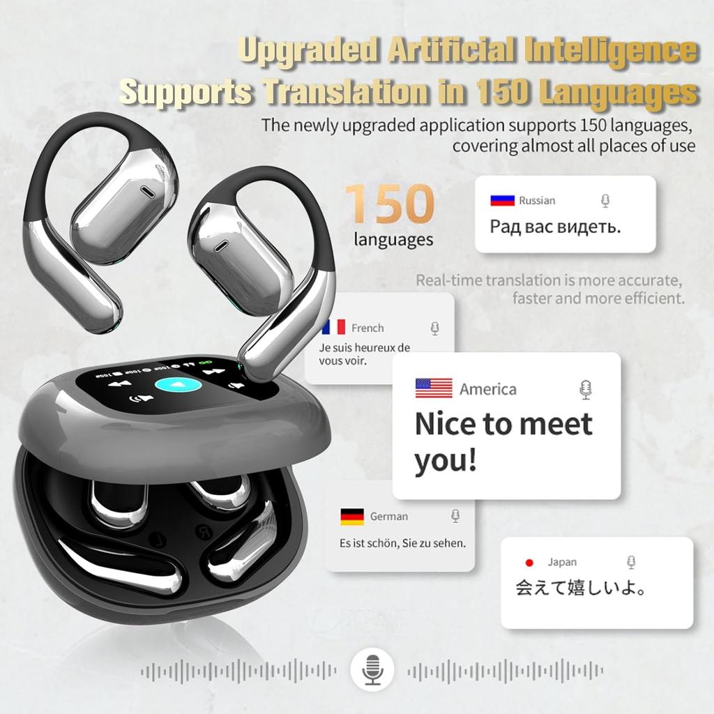 UYUXIO AI Translating Earphone with 144 Languages OWS Real Time Translation Earbuds with LCD Touch Screen Ear Buds for Business