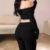 TIFICY Women's Fashion Casual Spring Autumn Solid Color Print Long Sleeve One shoulder Trousers Pants Suits
