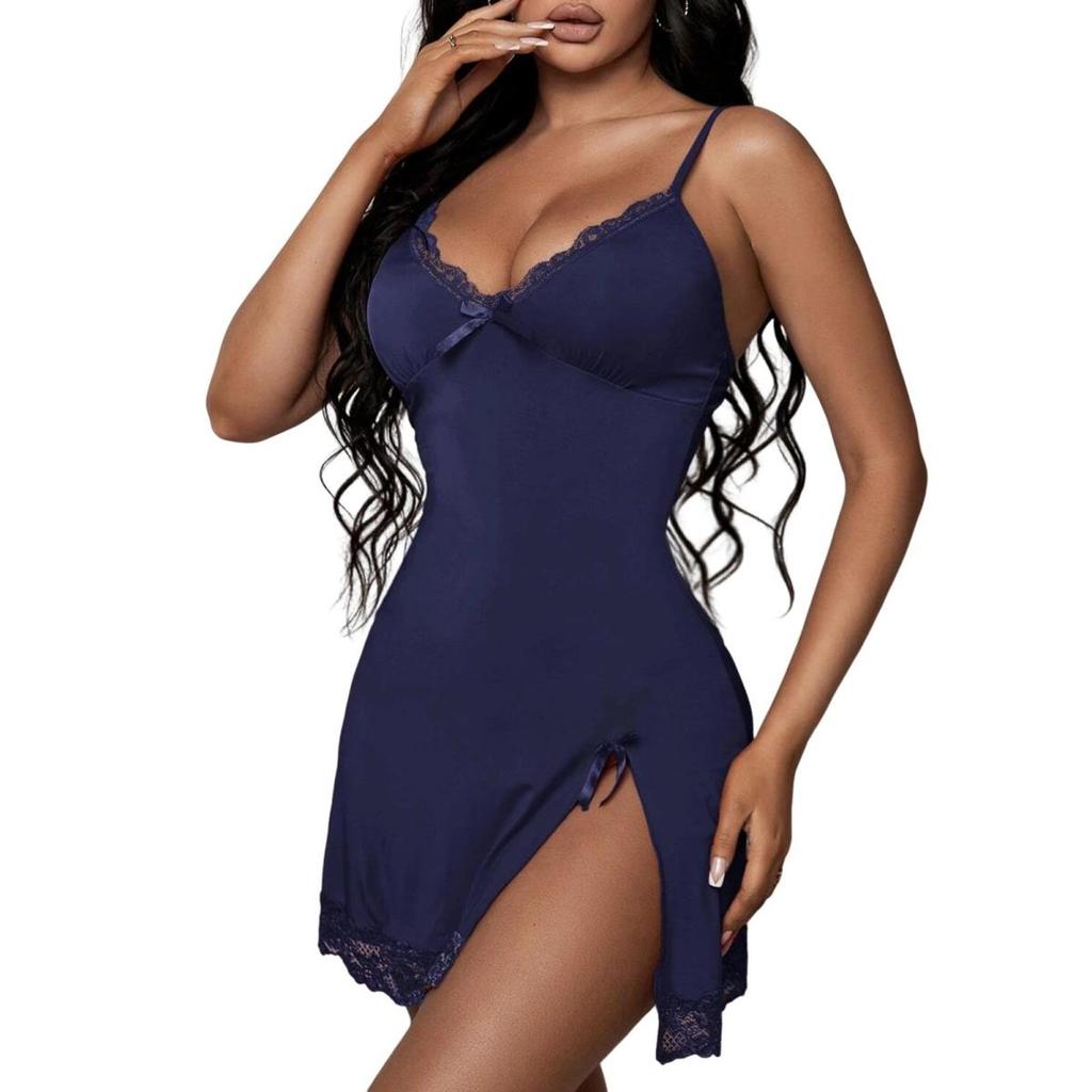 Women Nightdress V Neck Backless Sleeveless Bow Lace Floral Embroidery Nightie Spaghetti Strap Slit Hem Nightgown