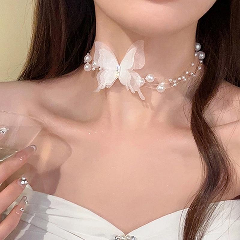 White Butterfly Pearl Choker Necklace For Women Sweet Imitation Pearl Clavicle Chain Neck Necklace Wedding Jewelry Gift