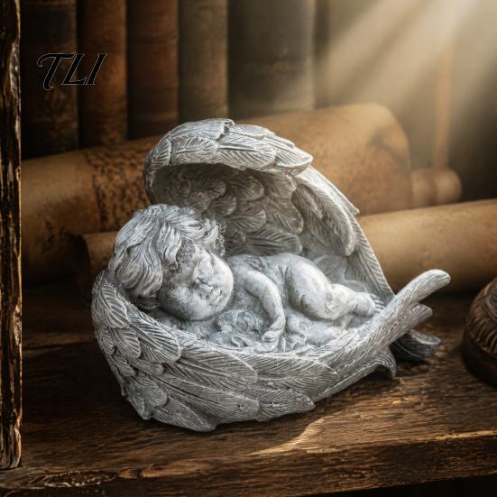 Outdoor Tombstone Ornament Sleeping Guardian Angel Figurine, Resin Baby Statue in Wings, Memorial Decorations for Cemetery Cherub Decor Table Bedroom