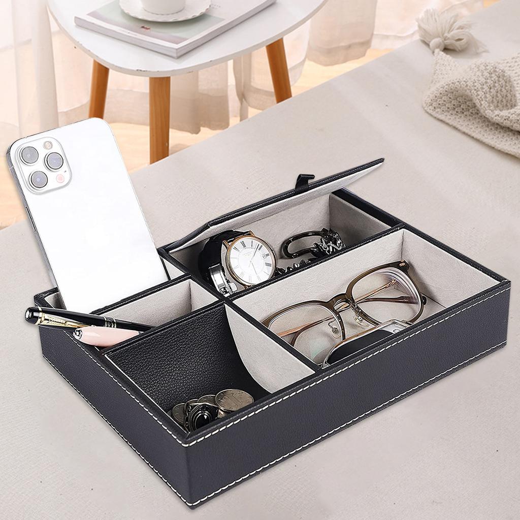 Faux Leather Men's Valet Tray with 5 Compartments Tray Organizer Durable Nightstand Organizer Dresser Box for Keys Wallet Glasse