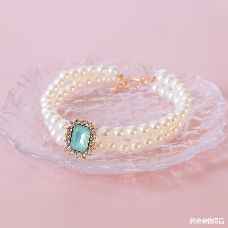 Pet Collar Cat Dog Pearl Necklace Double Stacked Premium Protein Gem Set with Rhinestones