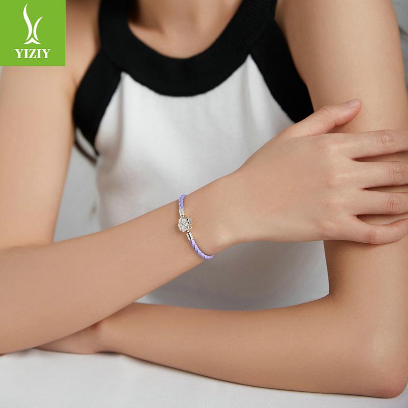 Браслет из серебра 925 пробы с фиолетовой кожей, браслет на удачу с листом для девочки-мечты, базовый одинарный браслет для DIY.